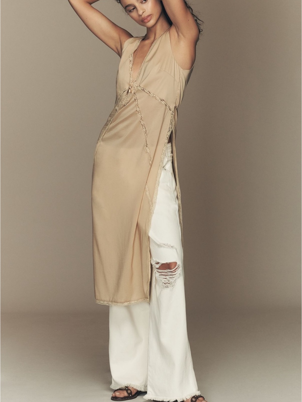 Sleeveless Midi Slip Dress in Beige
